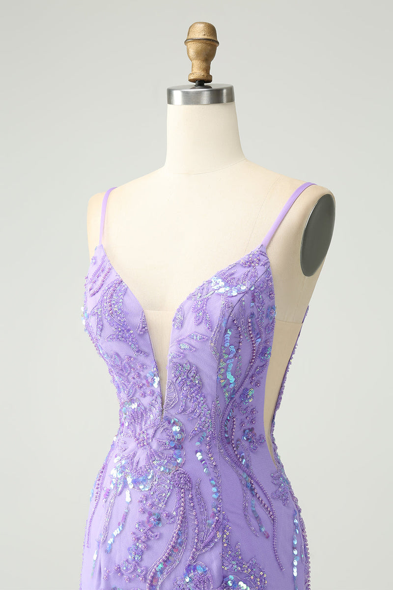 Load image into Gallery viewer, Sparkly Purple Spaghetti Straps Tight Short Graduation Dress with Sequins