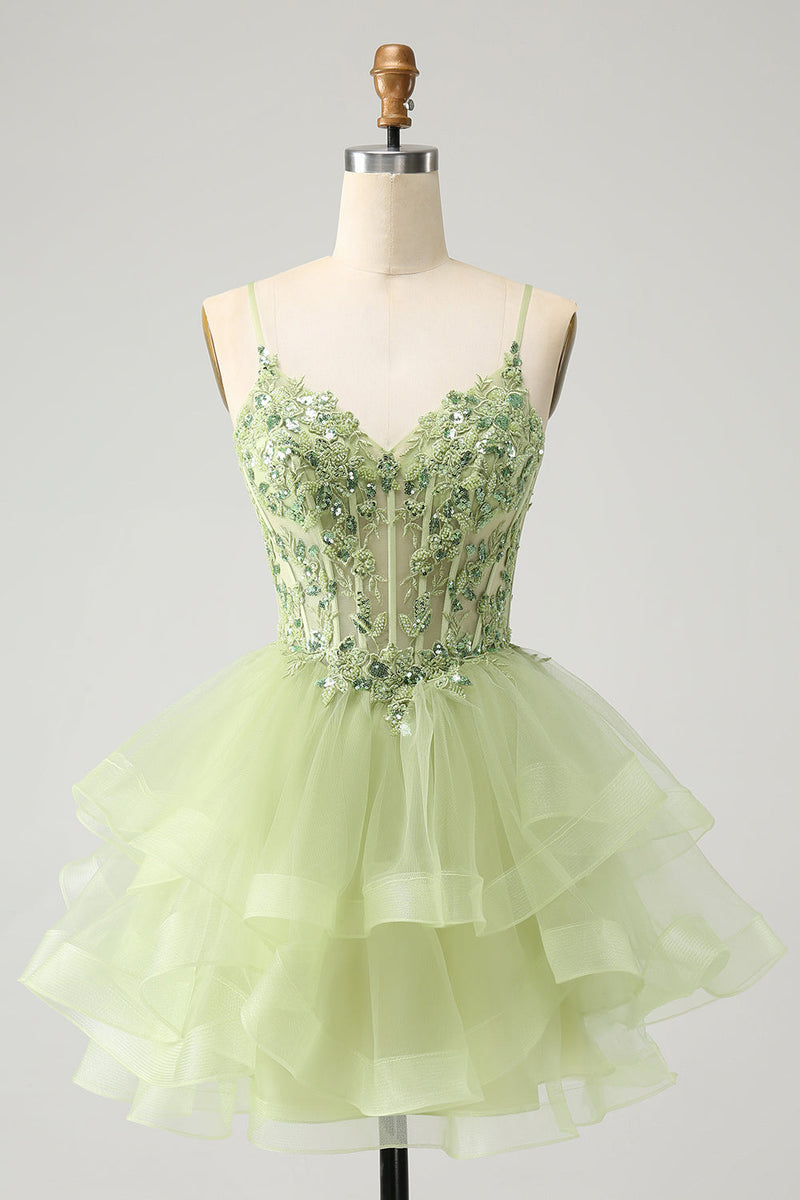 Load image into Gallery viewer, Light Green A Line Tulle Tiered Graduation Dress with Appliques