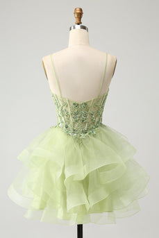 Light Green A Line Tulle Tiered Graduation Dress with Appliques