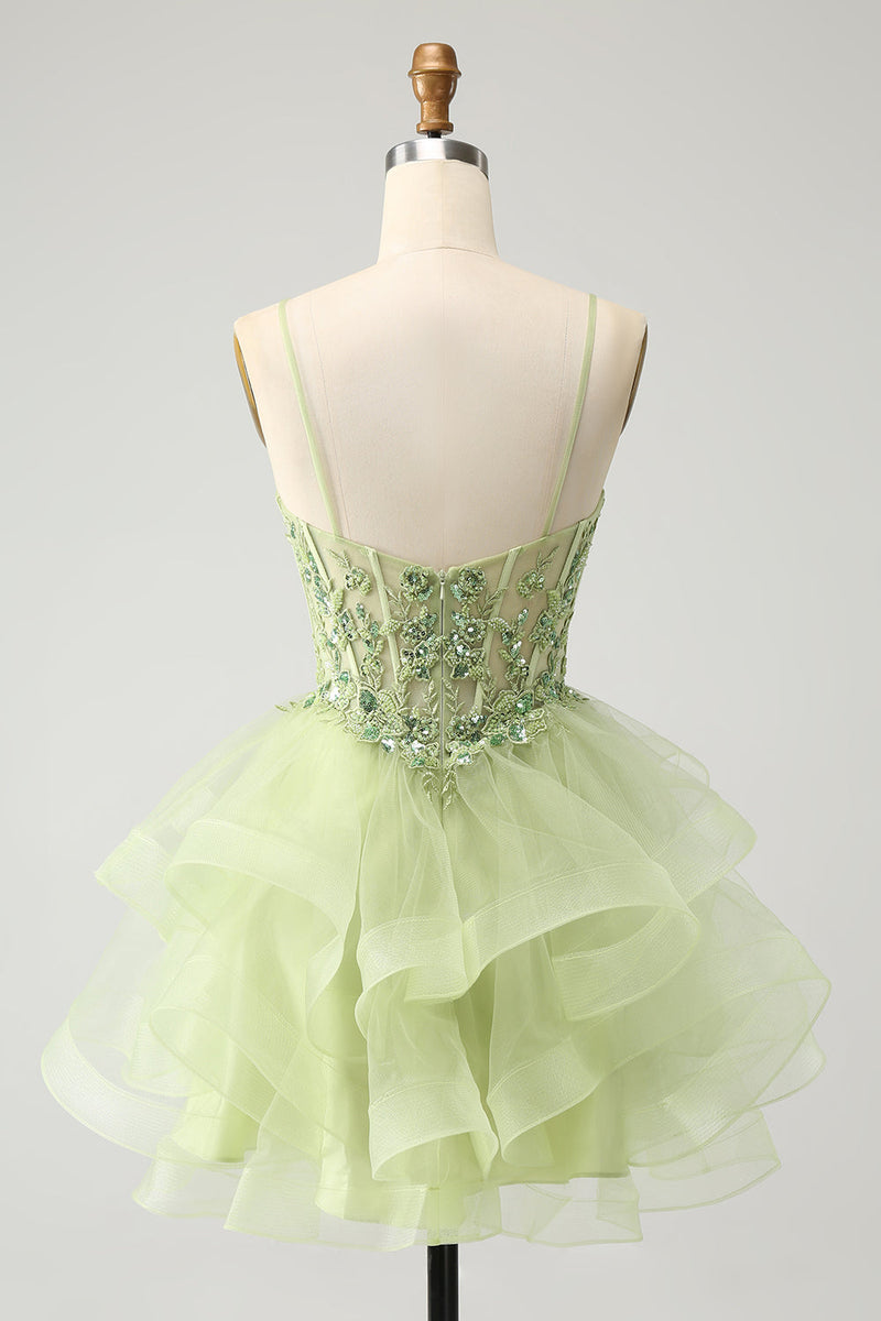 Load image into Gallery viewer, Light Green A Line Tulle Tiered Graduation Dress with Appliques