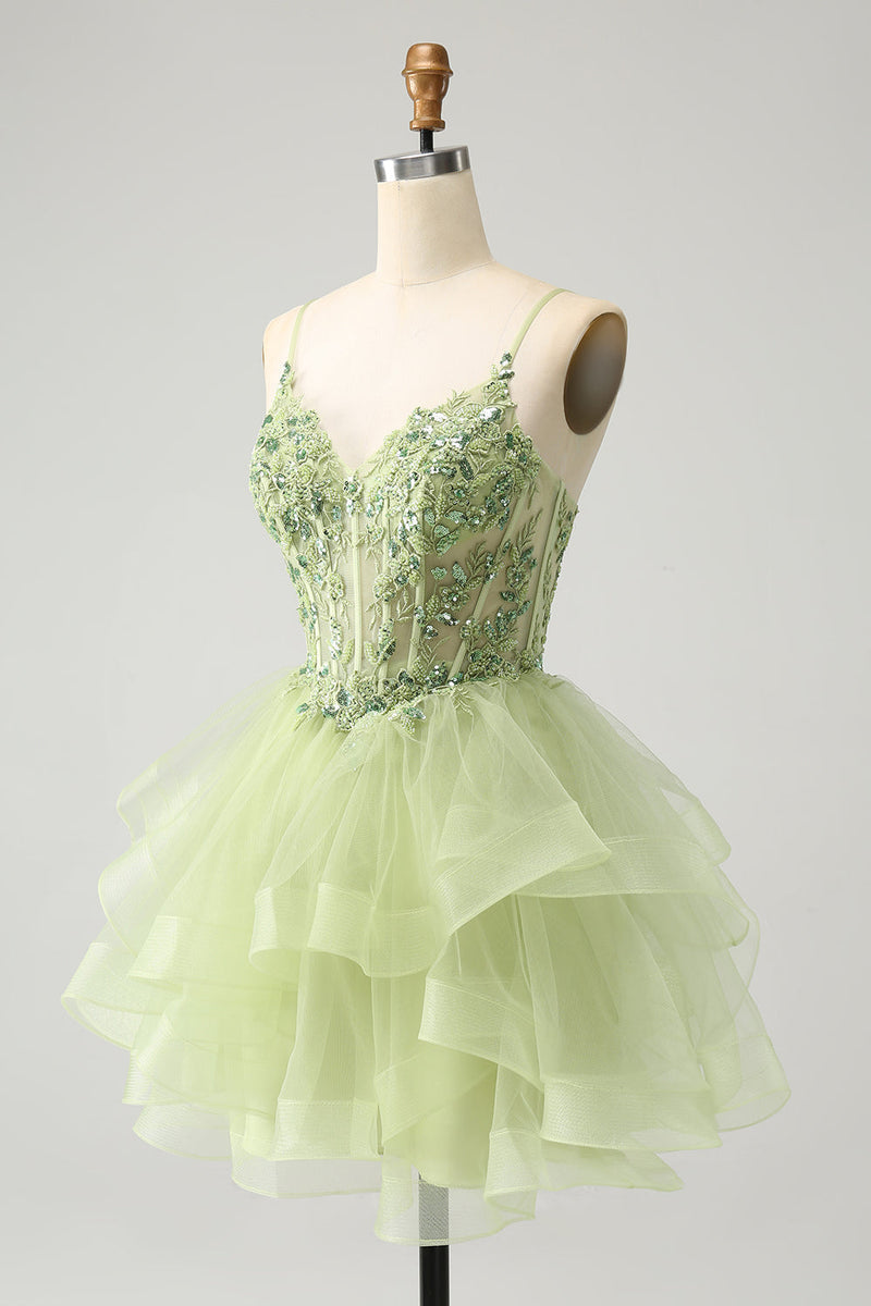 Load image into Gallery viewer, Light Green A Line Tulle Tiered Graduation Dress with Appliques