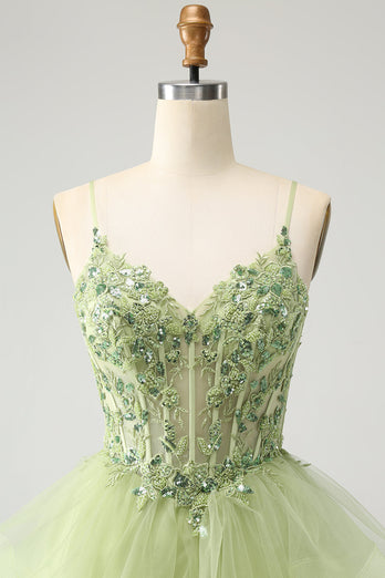 Light Green A Line Tulle Tiered Graduation Dress with Appliques