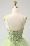 Light Green A Line Tulle Tiered Graduation Dress with Appliques