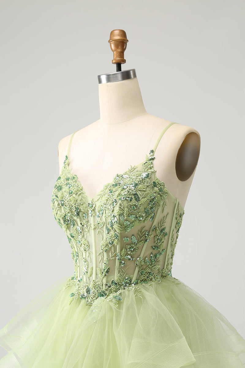 Load image into Gallery viewer, Light Green A Line Tulle Tiered Graduation Dress with Appliques