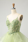 Light Green A Line Tulle Tiered Graduation Dress with Appliques