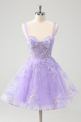 Lilac A-Line Corset Embroidered Graduation Dress with Sequins