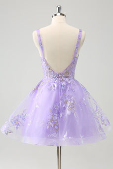 Lilac A-Line Corset Embroidered Graduation Dress with Sequins