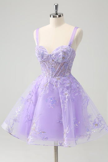 Lilac A-Line Corset Embroidered Graduation Dress with Sequins