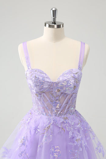 Lilac A-Line Corset Embroidered Graduation Dress with Sequins