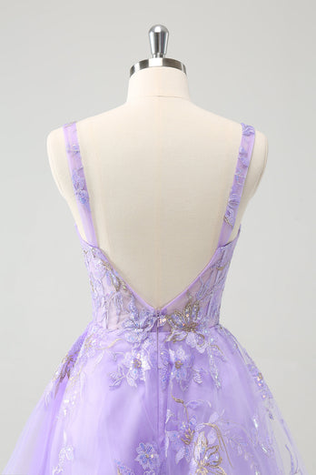 Lilac A-Line Corset Embroidered Graduation Dress with Sequins