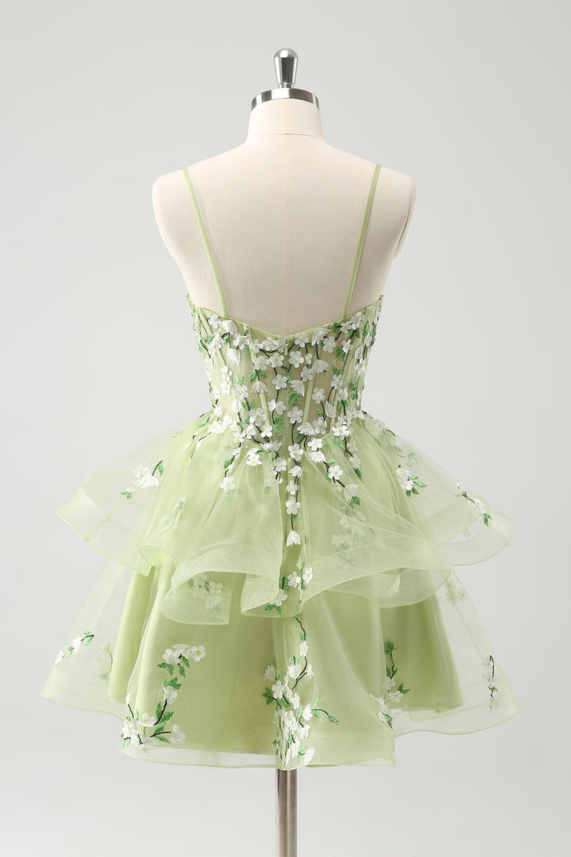 Load image into Gallery viewer, Light Green A Line Applique Short Graduation Dress with Ruffles