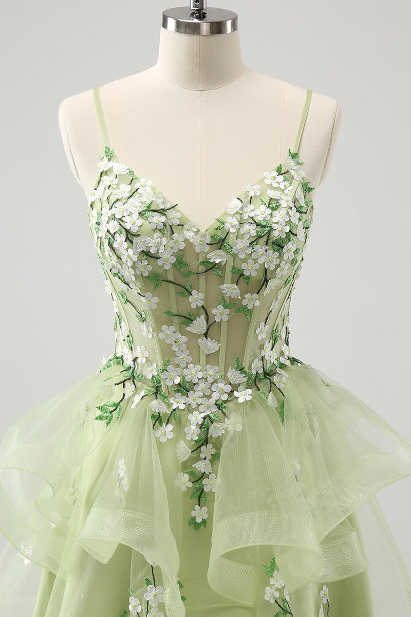 Load image into Gallery viewer, Light Green A Line Applique Short Graduation Dress with Ruffles