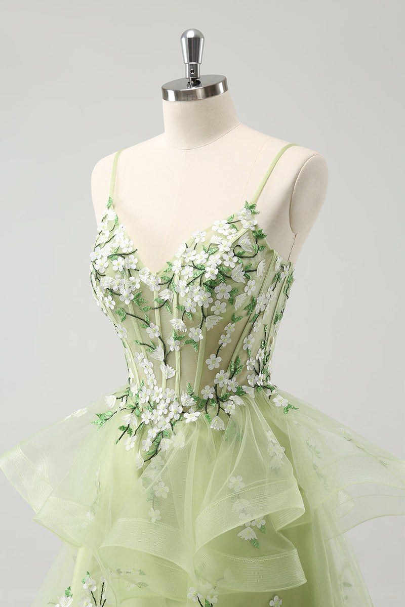 Load image into Gallery viewer, Light Green A Line Applique Short Graduation Dress with Ruffles