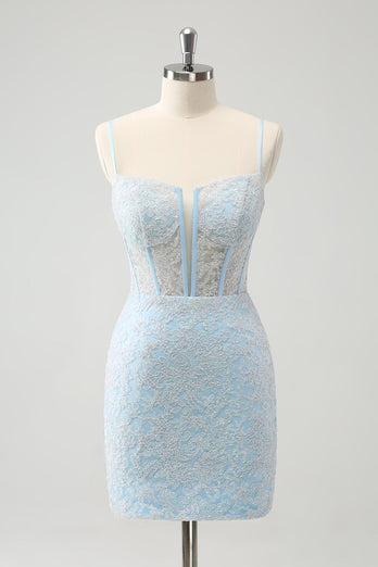 Light Blue Bodycon Spaghetti Straps Corset Graduation Dress with Sequins