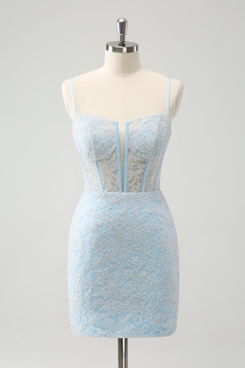 Load image into Gallery viewer, Light Blue Bodycon Spaghetti Straps Corset Graduation Dress with Sequins