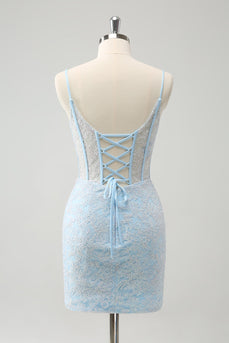 Light Blue Bodycon Spaghetti Straps Corset Graduation Dress with Sequins