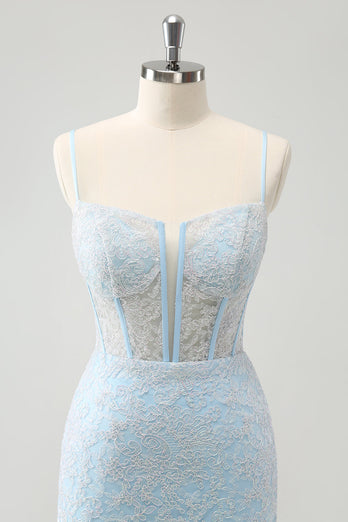 Light Blue Bodycon Spaghetti Straps Corset Graduation Dress with Sequins