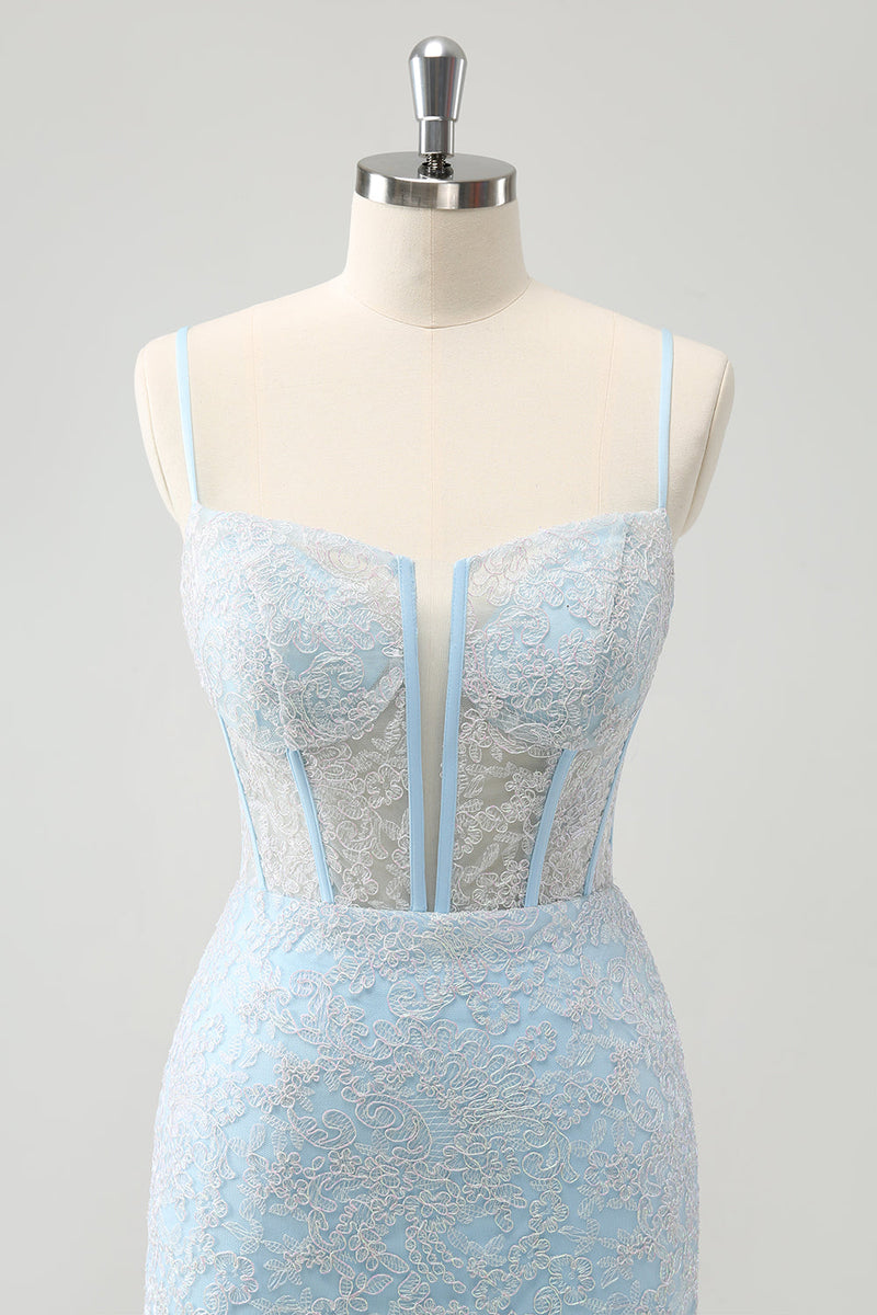 Load image into Gallery viewer, Light Blue Bodycon Spaghetti Straps Corset Graduation Dress with Sequins