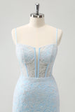 Light Blue Bodycon Spaghetti Straps Corset Graduation Dress with Sequins