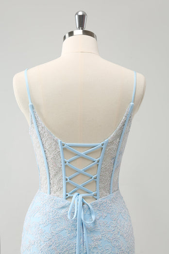 Light Blue Bodycon Spaghetti Straps Corset Graduation Dress with Sequins