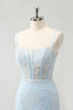 Load image into Gallery viewer, Light Blue Bodycon Spaghetti Straps Corset Graduation Dress with Sequins