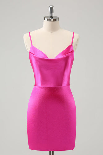 Simple Fuchsia Cowl Neck Backless Tight Short Graduation Dress