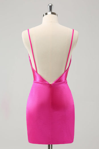 Simple Fuchsia Cowl Neck Backless Tight Short Graduation Dress