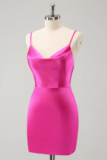 Simple Fuchsia Cowl Neck Backless Tight Short Graduation Dress