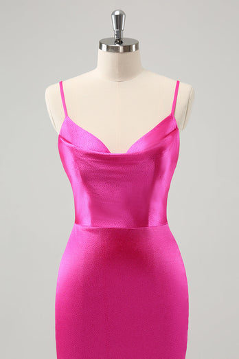 Simple Fuchsia Cowl Neck Backless Tight Short Graduation Dress