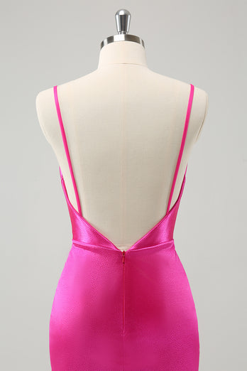 Simple Fuchsia Cowl Neck Backless Tight Short Graduation Dress