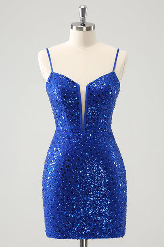 Sparkly Royal Blue Corset Tight Short Graduation Dress with Sequins