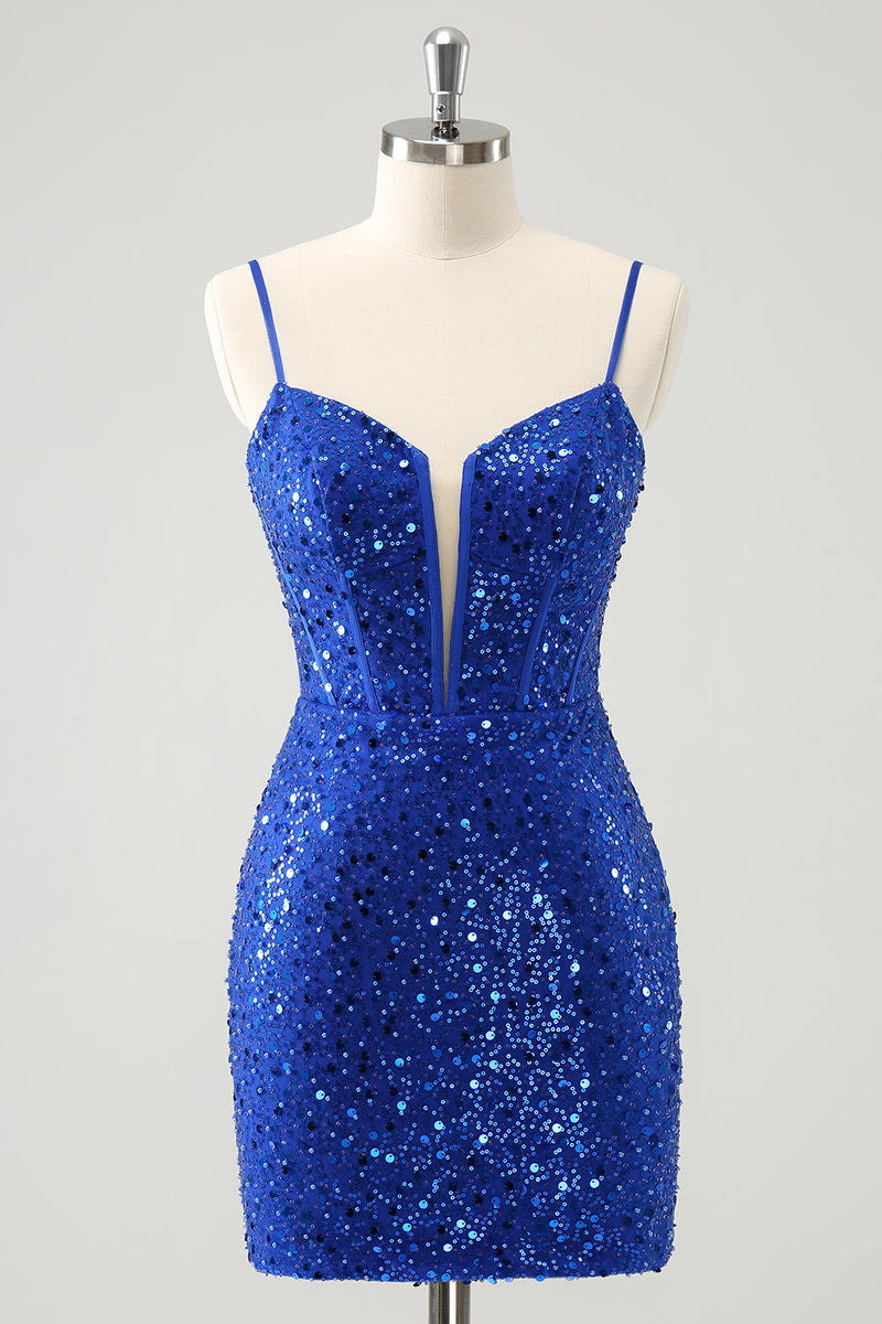 Load image into Gallery viewer, Sparkly Royal Blue Corset Tight Short Graduation Dress with Sequins