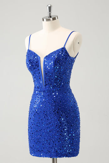 Sparkly Royal Blue Corset Tight Short Graduation Dress with Sequins