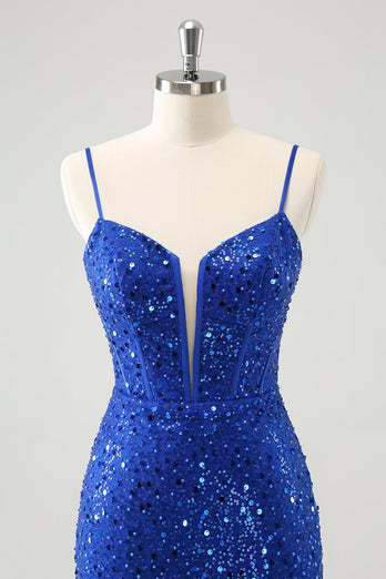 Sparkly Royal Blue Corset Tight Short Graduation Dress with Sequins