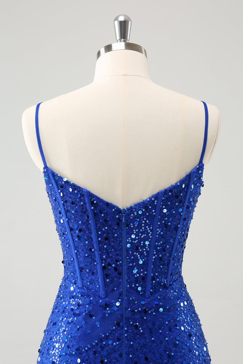 Load image into Gallery viewer, Sparkly Royal Blue Corset Tight Short Graduation Dress with Sequins