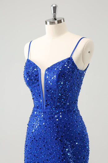 Sparkly Royal Blue Corset Tight Short Graduation Dress with Sequins