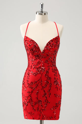 Sparkly Floral Red Tight Short Graduation Dress with Sequins