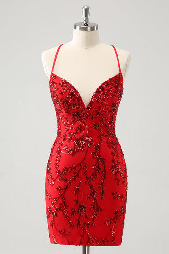 Sparkly Floral Red Tight Short Graduation Dress with Sequins