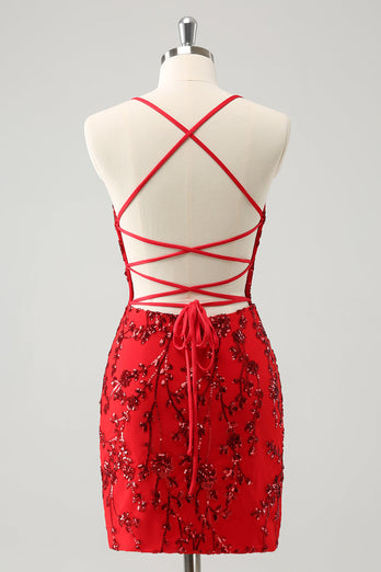 Sparkly Floral Red Tight Short Graduation Dress with Sequins