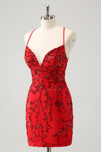 Sparkly Floral Red Tight Short Graduation Dress with Sequins