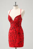 Sparkly Floral Red Tight Short Graduation Dress with Sequins
