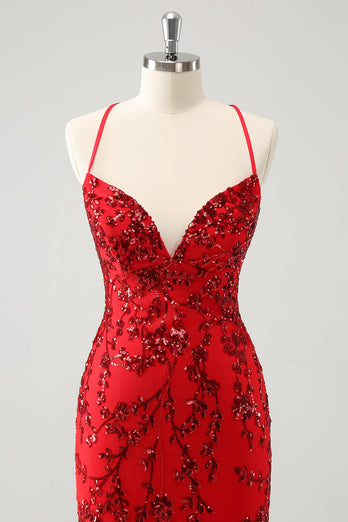 Sparkly Floral Red Tight Short Graduation Dress with Sequins