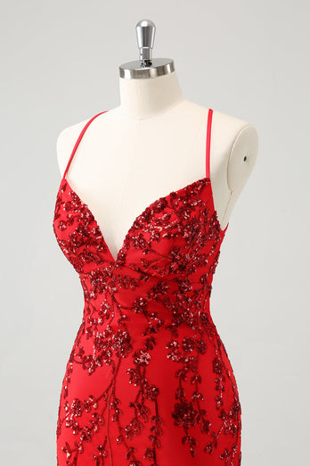 Sparkly Floral Red Tight Short Graduation Dress with Sequins