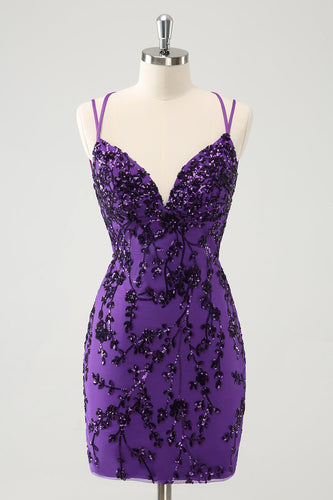 Sparkly Purple Spaghetti Straps Tight Short Graduation Dress with Appliques