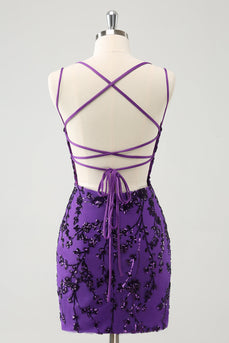 Sparkly Purple Spaghetti Straps Tight Short Graduation Dress with Appliques