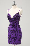 Sparkly Purple Spaghetti Straps Tight Short Graduation Dress with Appliques