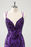Sparkly Purple Spaghetti Straps Tight Short Graduation Dress with Appliques