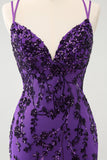 Sparkly Purple Spaghetti Straps Tight Short Graduation Dress with Appliques
