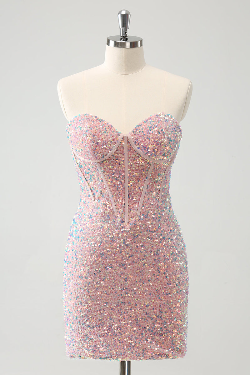 Load image into Gallery viewer, Sparkly Strapless Light Pink Tight Short Graduation Dress with Sequins