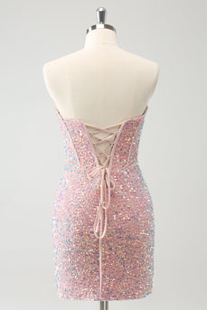 Sparkly Strapless Light Pink Tight Short Graduation Dress with Sequins